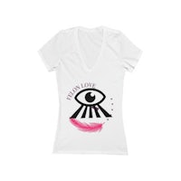 a white v - neck t - shirt with an eye and pink feathers