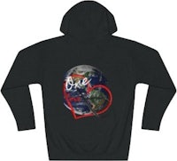 a black hoodie with a heart and earth on it